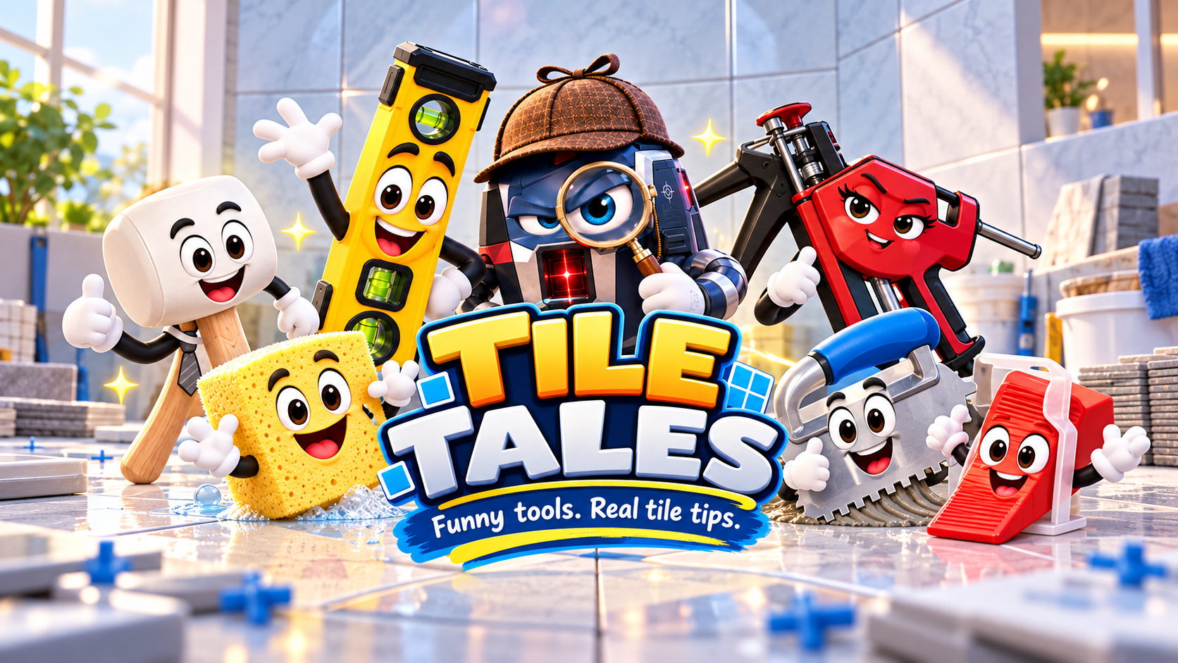 Tile Tales characters in their animated workshop