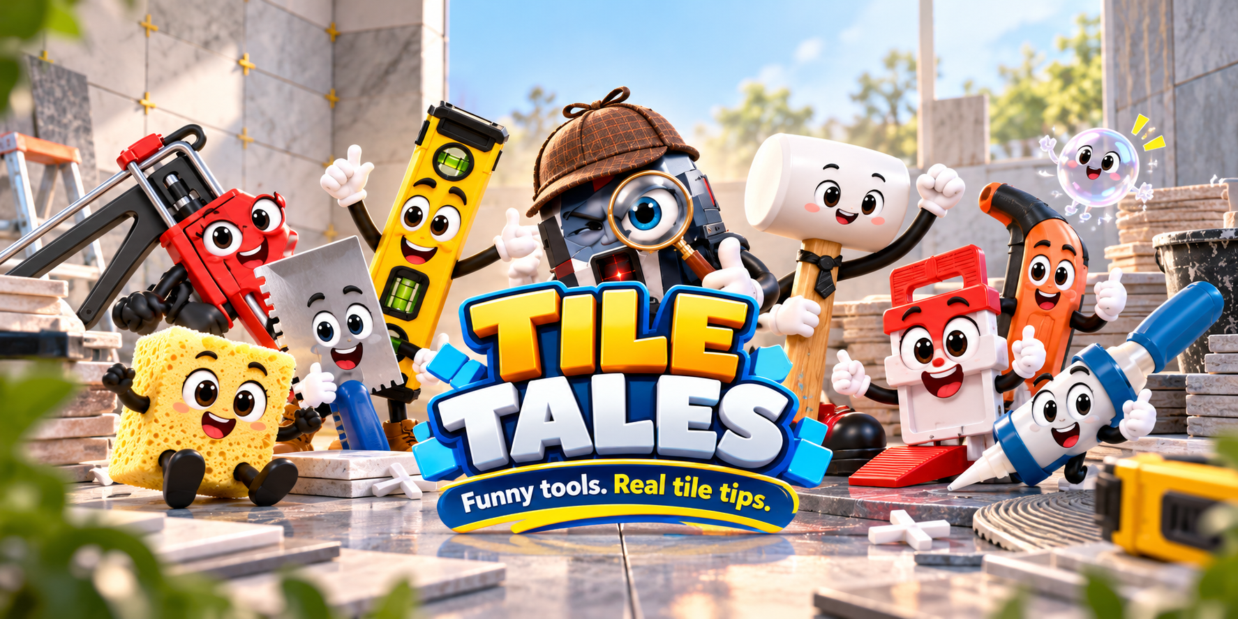 The Tile Tales animated tool crew together in a sunny tiled workshop